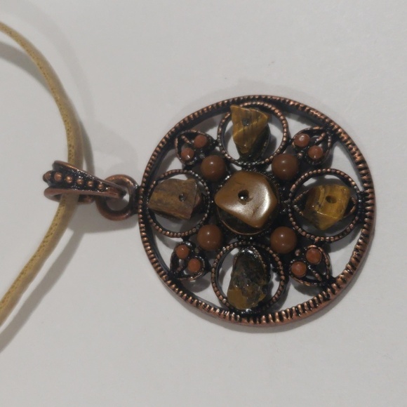 Tan color Cord Filigree Brown Circle Design Pendant Necklace, Women's Jewelry #2 - Picture 4 of 8